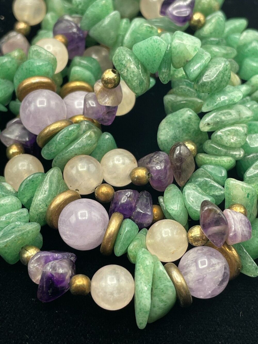 Green Purple Nugget Jadeite 40" Necklace Light Round Jade Beaded No Clasp 125 gr